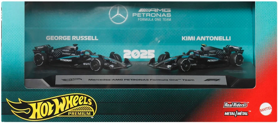 Mattel HOT WHEELS PREMIUM F1 dviejų Mercedes-Benz George Russel ir Kimi Antonelli bolidų rinkinys (JMM93)