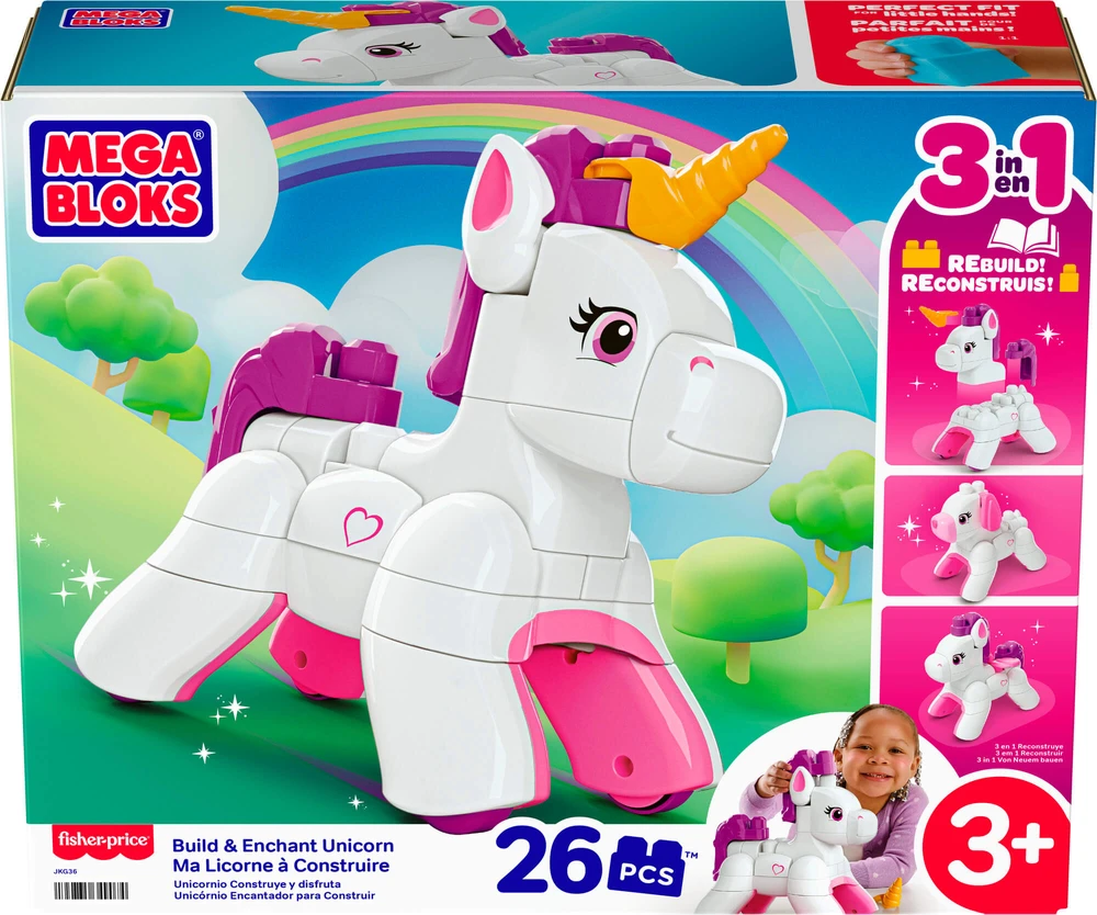 Mattel MEGA BLOKS BUILD AND ENCHANT 3 in 1 vienaragio konstruktorius (JKG36)