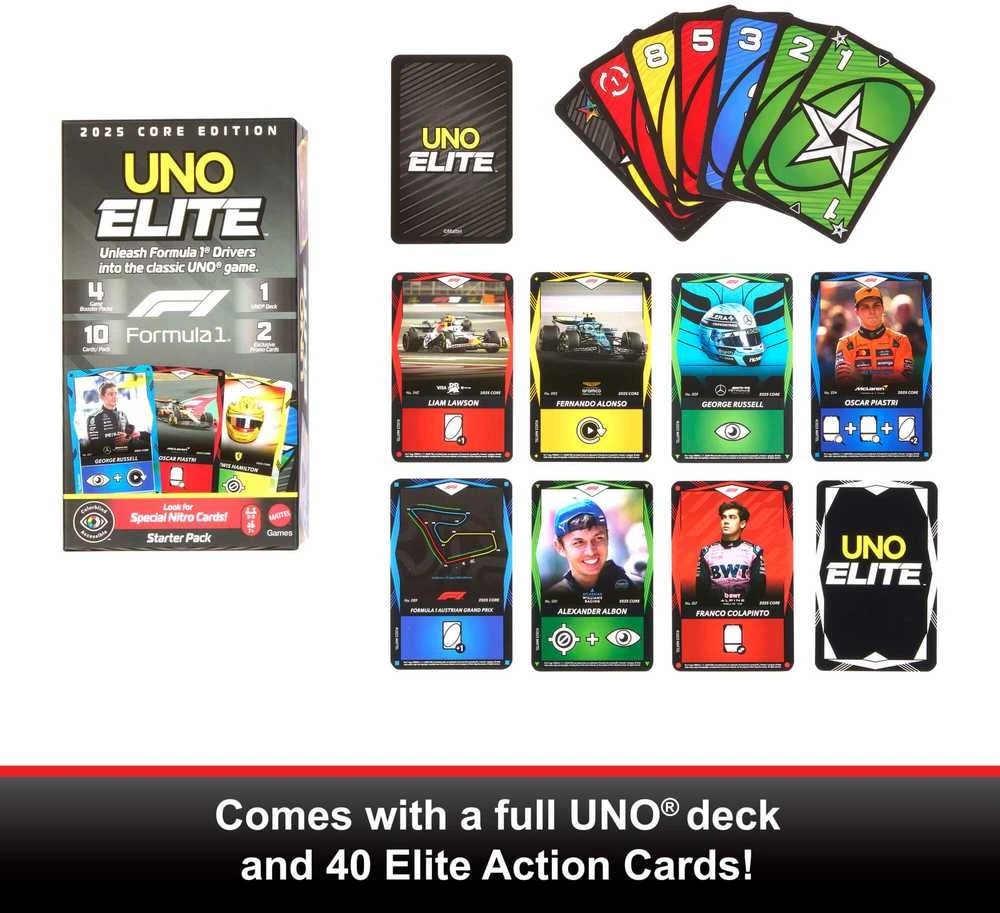 Kortos Mattel UNO Elita Formula 1 2025 Core Edition JLV42 (pradinis rinkinys)