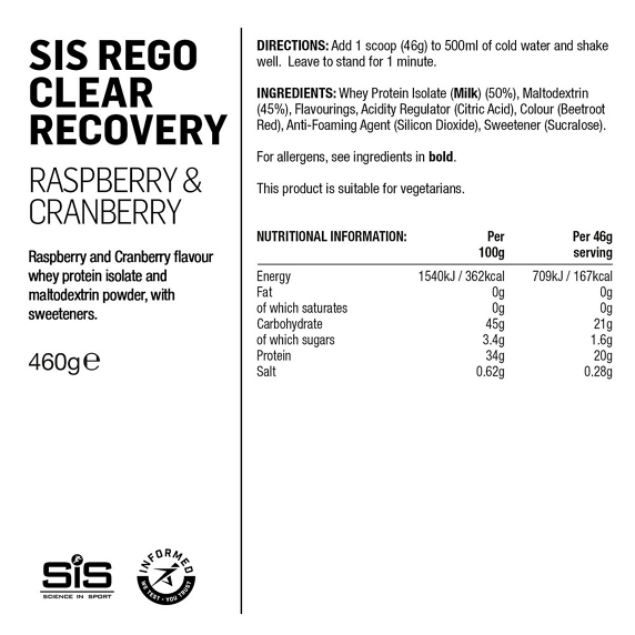 Science In Sport Sportinis maistas milteliais SiS Rego Clear Recovery Raspberry & Cranberry 460g