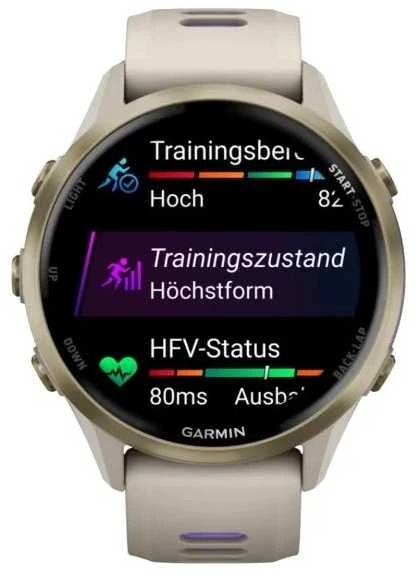 Išmanusis laikrodis Garmin Forerunner 970, Šviesios aukso spalvos titanas su žalsvai pilkos spalvos korpusu ir žalsvai pilku / permatomu indigo spalvos dirželiu