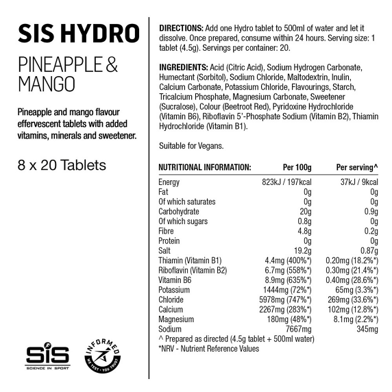 Elektrolitų gėrimas tabletėmis SiS Go Hydro Pineapple & Mango 20x4g