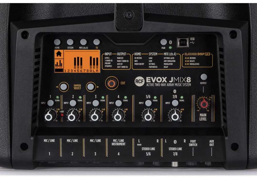RCF EVOX JMIX8 akustinė sistema su stiprintuvu ir žemo dažnio garsiakalbiu