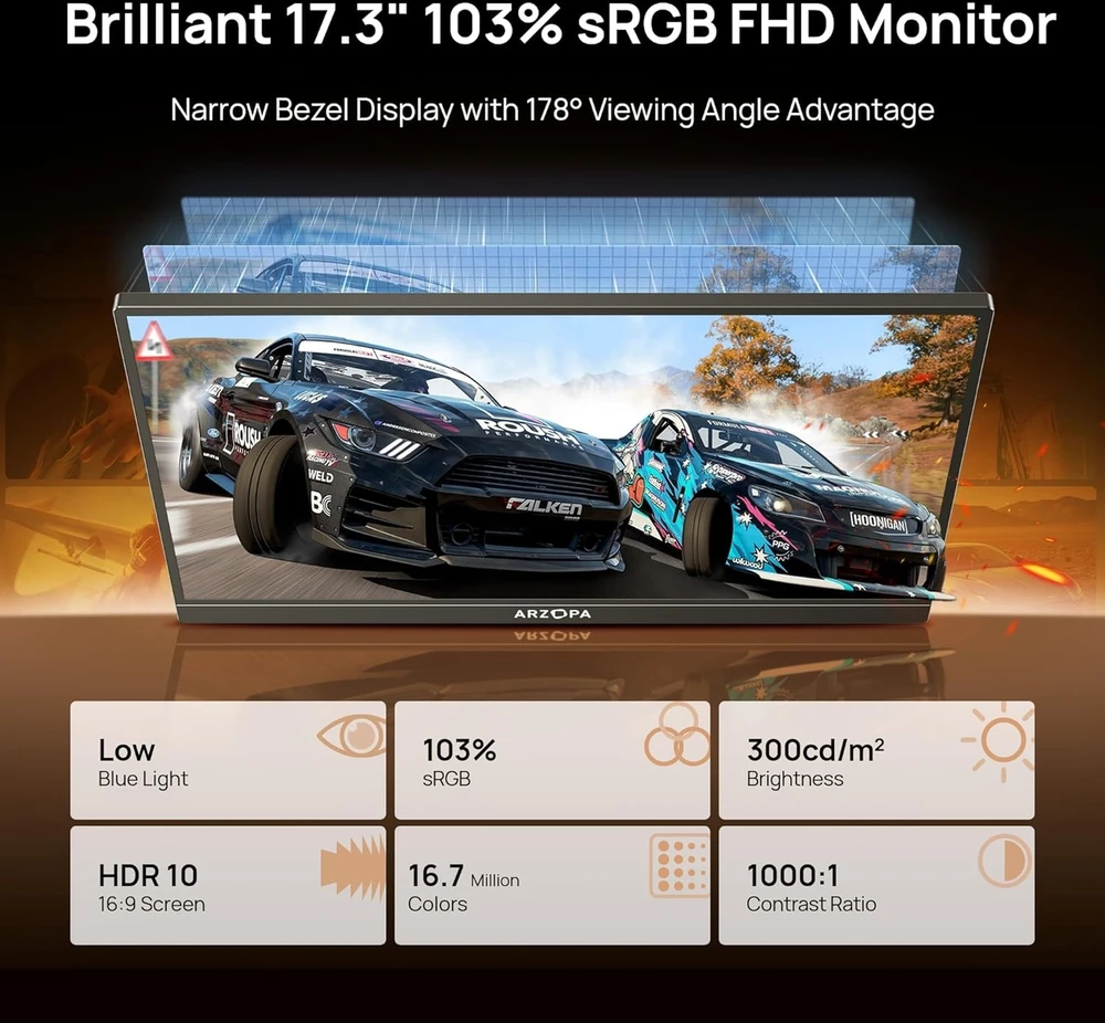ARZOPA A1M nešiojamas monitorius 17.3'' 1080p PS5 / XBOX / Switch / PC
