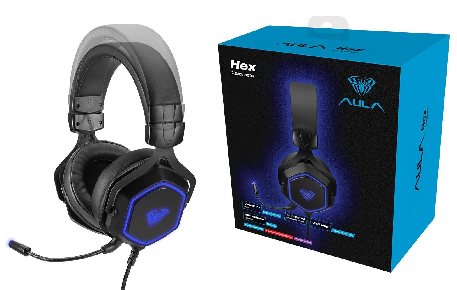 Žaidimų ausinės AULA Hex, 7.1 virtualus erdvinis garsas, USB jungtis, su  pašvietimu, Juodos | Varle.lt