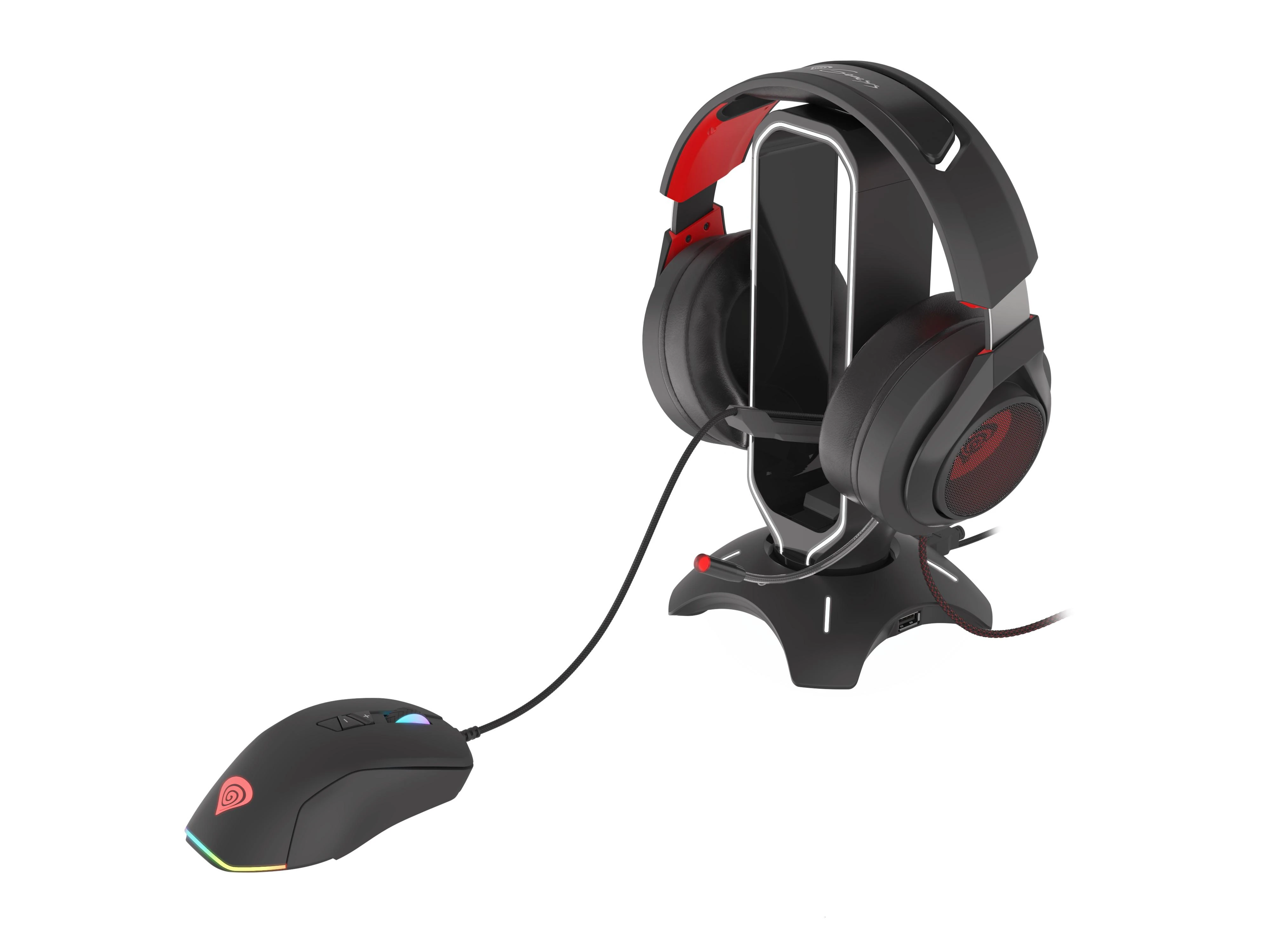 Ausinių stovas su pelės laido laikikliu Genesis Vanad 500 RGB, su pašvietimu, su USB šakotuvu, Juodas