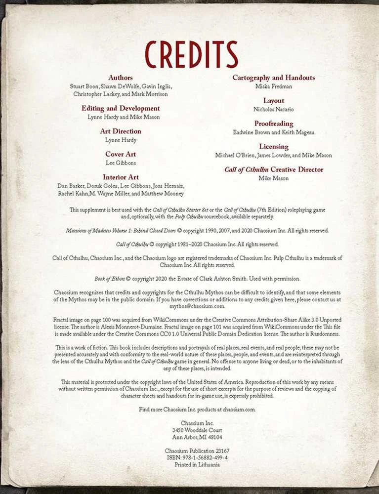 Chaosium Call of Cthulhu - Mansions of Madness: Vol 1 - Behind Closed Doors knyga