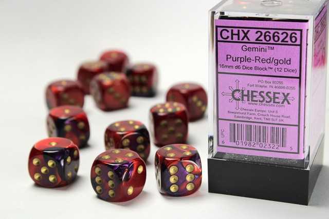 Chessex Gemini 16mm d6 with pips Dice Blocks (12 Dice) - Violetinė-Raudona/auksinis