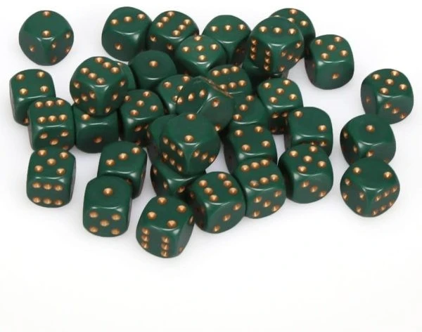Chessex Opaque 12mm d6 with pips Dice Blocks (36 Dice) - Dusty Žalias/Gold