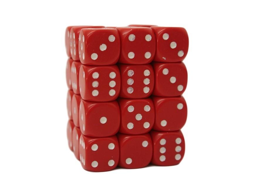Chessex Opaque 12mm d6 with pips Dice Blocks (36 Dice) - Raudona w/baltas
