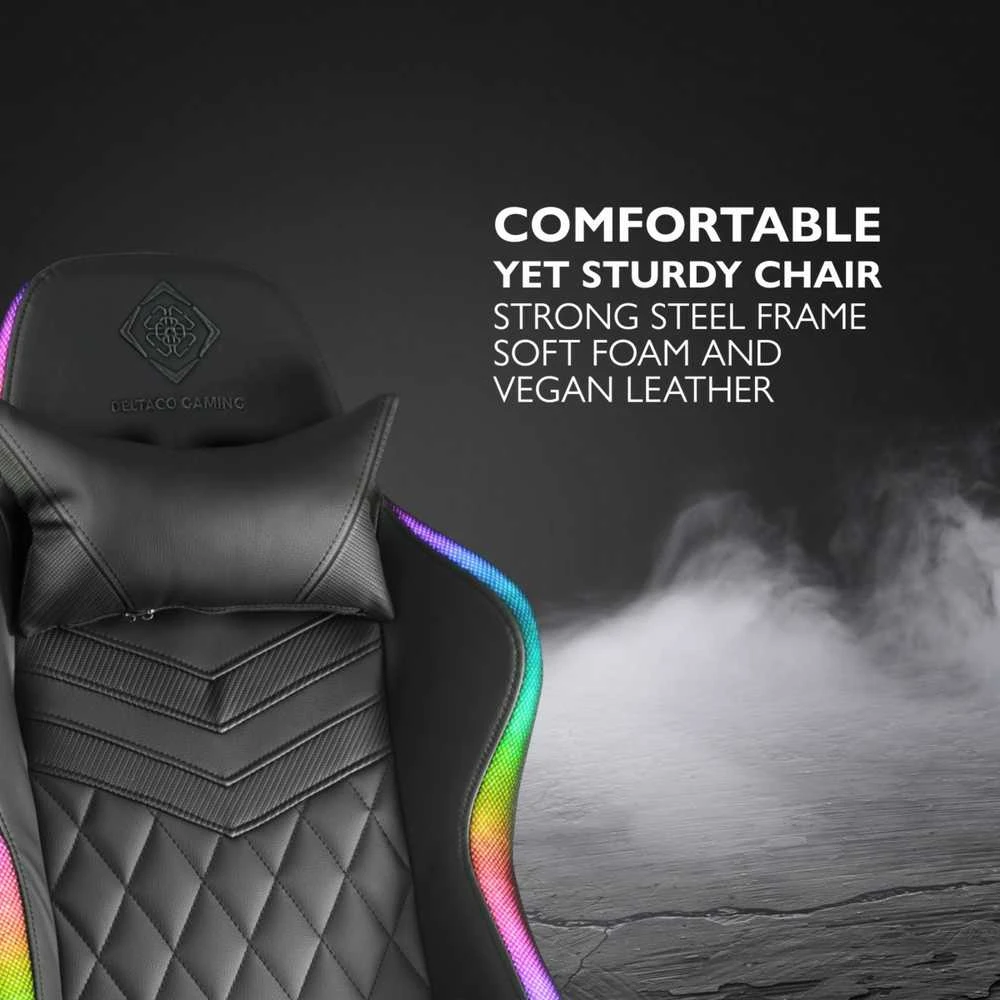Žaidimų kėdė Deltaco GAM-080 Gaming Chair, PU oda, su RGB pašvietimu, Juoda