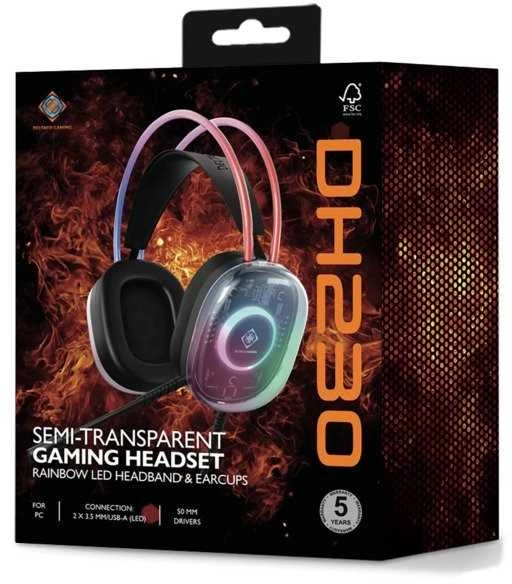 DH230 pusiau permatomos žaidimų ausinės DELTACO GAMING, RGB apšvietimas ant galvos juostos ir ausų kaušelių / GAM-186 / 4222394