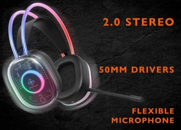 DH230 pusiau permatomos žaidimų ausinės DELTACO GAMING, RGB apšvietimas ant galvos juostos ir ausų kaušelių / GAM-186 / 4222394