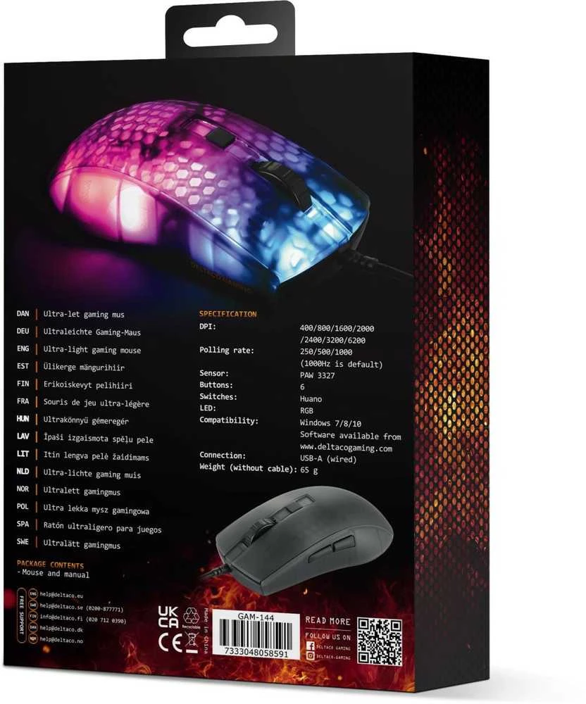 Deltacoimp Pusiau permatoma DELTACO GAMING žaidimų pelė, DM310, RGB, itin lengva, juoda / GAM-144