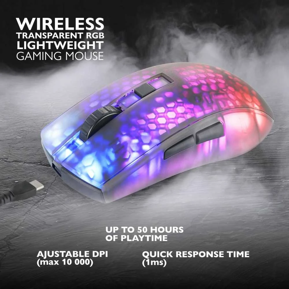 Belaidė pusiau permatoma DELTACO GAMING žaidimų pelė, DM320, RGB, itin lengva, juoda / GAM-145