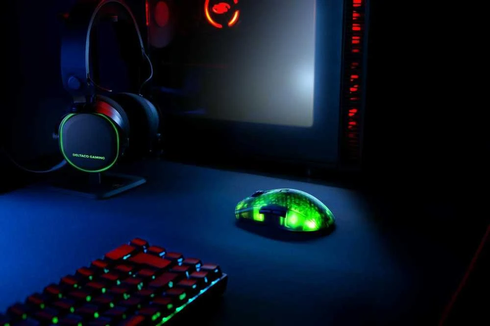 Belaidė pusiau permatoma DELTACO GAMING žaidimų pelė, DM320, RGB, itin lengva, juoda / GAM-145