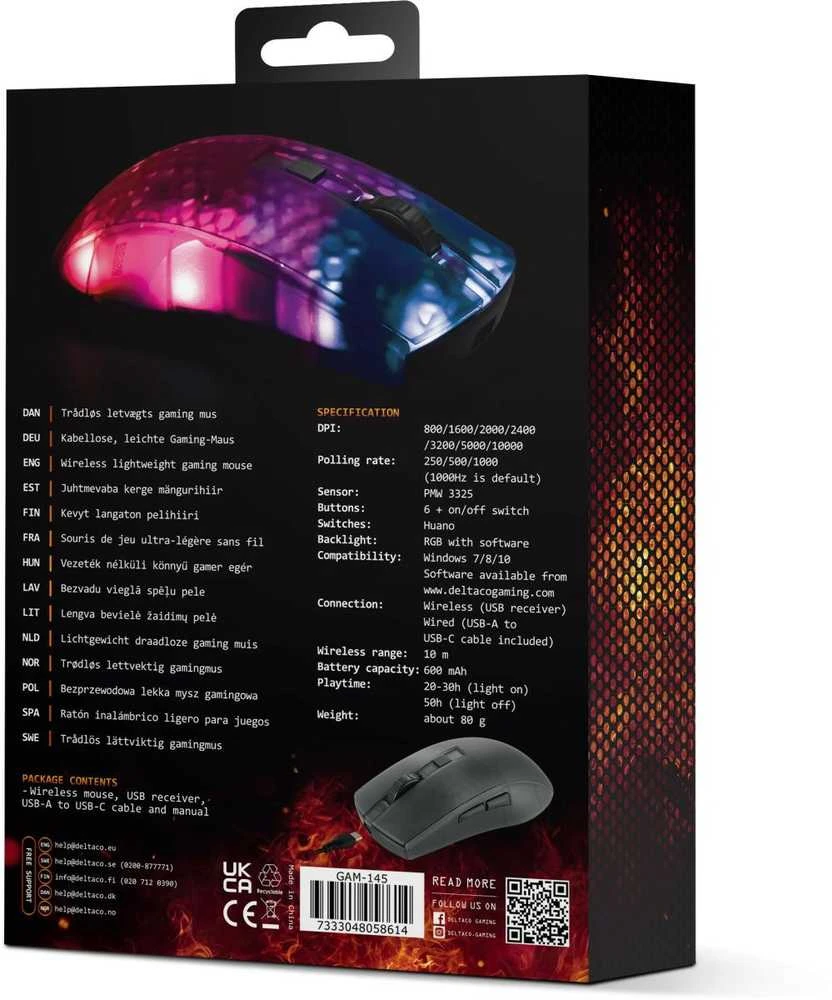 Belaidė pusiau permatoma DELTACO GAMING žaidimų pelė, DM320, RGB, itin lengva, juoda / GAM-145