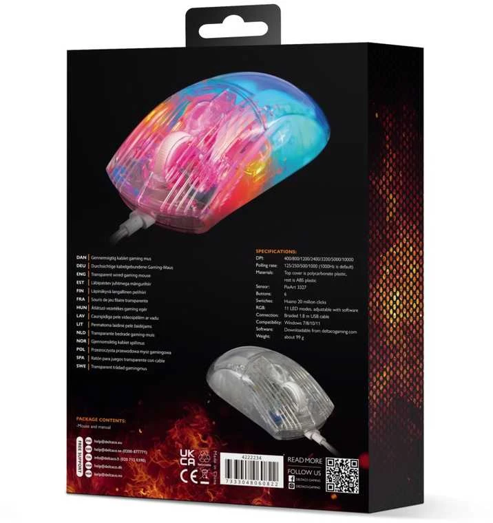 DM330 permatoma RGB DELTACO GAMING žaidimų pelė, 1000 Hz, 3327 IC / GAM-159-T / 4222234