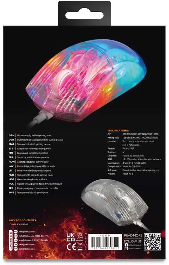 DM330 permatoma RGB DELTACO GAMING žaidimų pelė, 1000 Hz, 3327 IC / GAM-159-T / 4222234