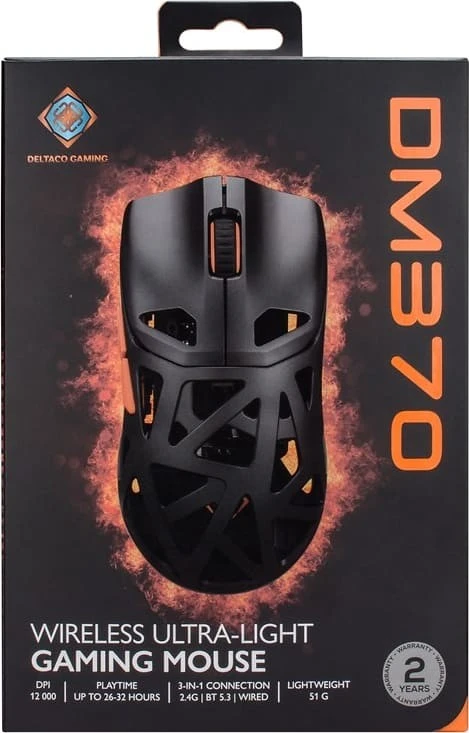 DM370 belaidė itin lengva žaidimų pelė, DELTACO GAMING, 51g.,3311 IC, 12 000 DPI / GAM-188 / 4222406