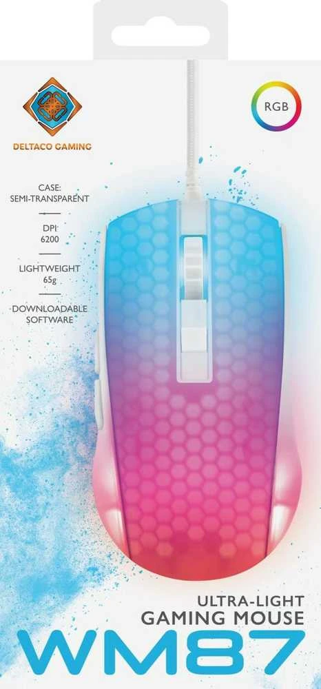 Pusiau permatoma DELTACO GAMING pelė, RGB, itin lengva, balta / GAM-144-W