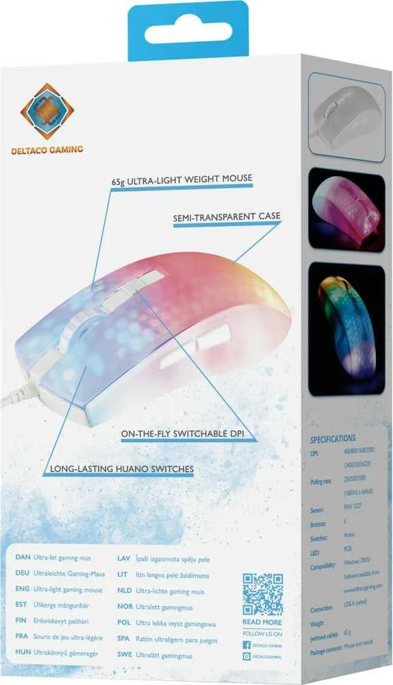 Pusiau permatoma DELTACO GAMING pelė, RGB, itin lengva, balta / GAM-144-W