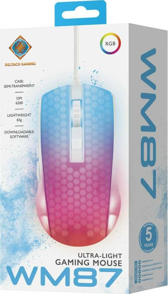 Pusiau permatoma DELTACO GAMING pelė, RGB, itin lengva, balta / GAM-144-W