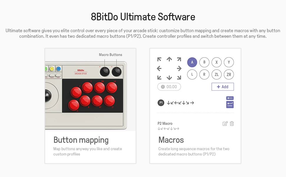 8BitDo Arcade Stick Switch ir PC (pilkas) aprašymas - Prekės nuotrauka
