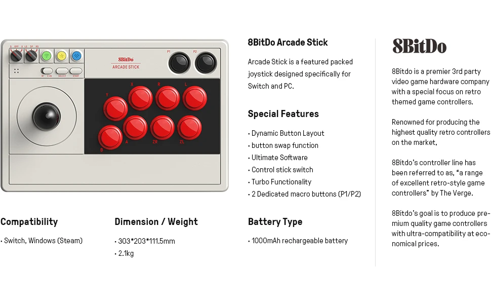 8BitDo Arcade Stick Switch ir PC (pilkas) aprašymas - Prekės nuotrauka