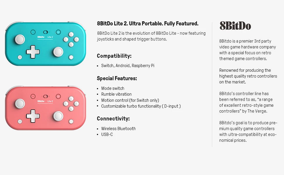 8BitDo Lite 2 belaidis pultelis (Rožinis) aprašymas - Prekės nuotrauka