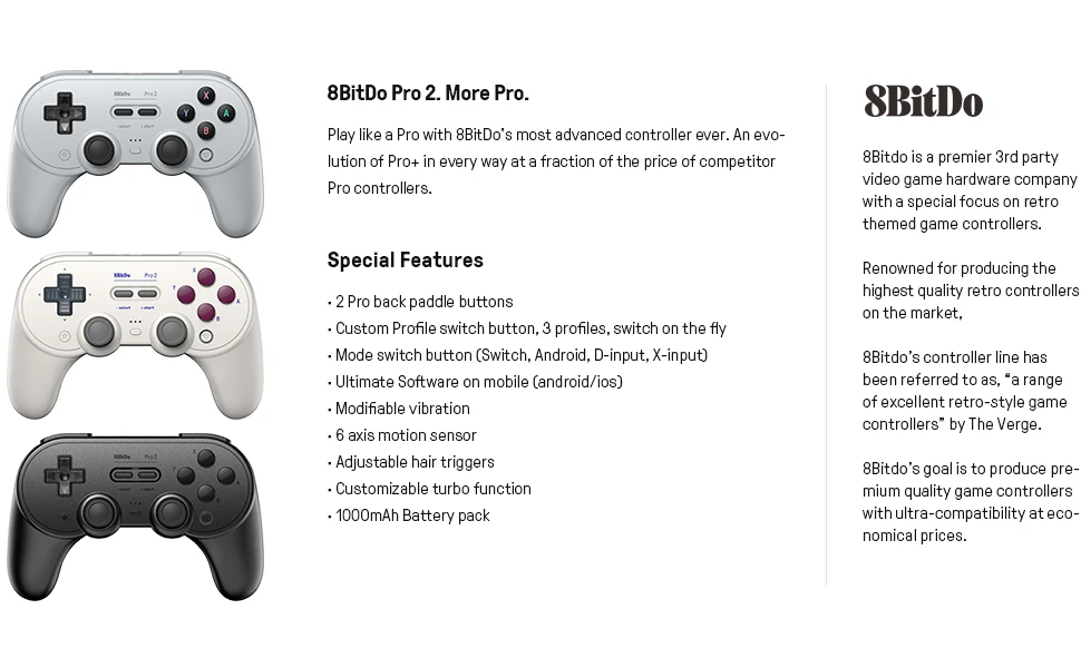 8BitDo PRO 2 belaidis pultelis (Juodas) aprašymas - Prekės nuotrauka