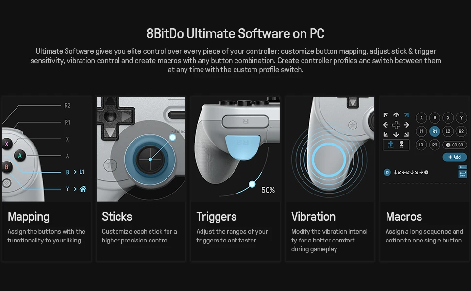 Gamepad 8Bitdo Pro 2, pilka aprašymas - Prekės nuotrauka