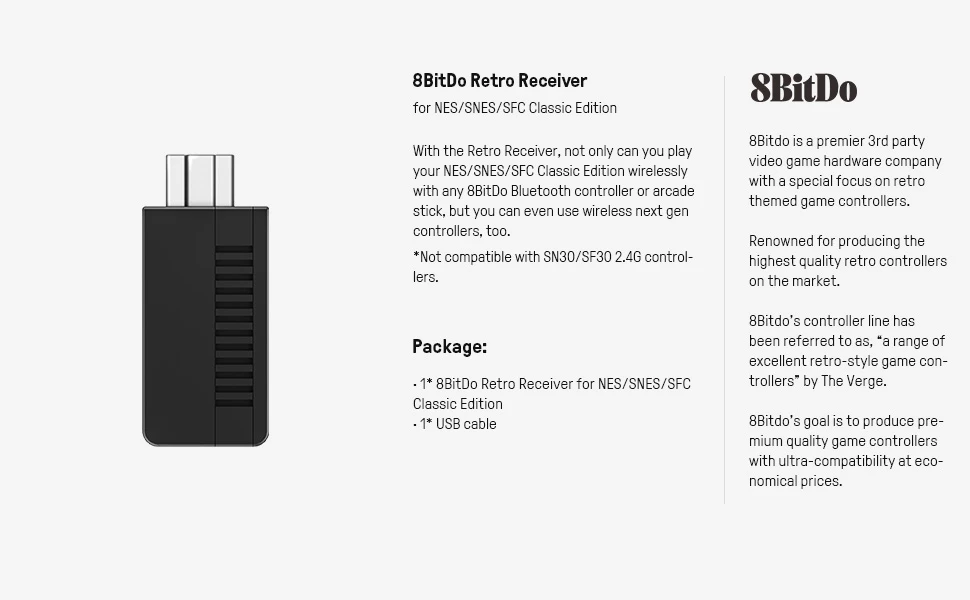 8Bitdo 8 bitų retro imtuvas, skirtas NES / SNES Mini aprašymas - Prekės nuotrauka 8Bitdo 8 bitų retro imtuvas, skirtas NES / SNES Mini aprašymas - Prekės nuotrauka