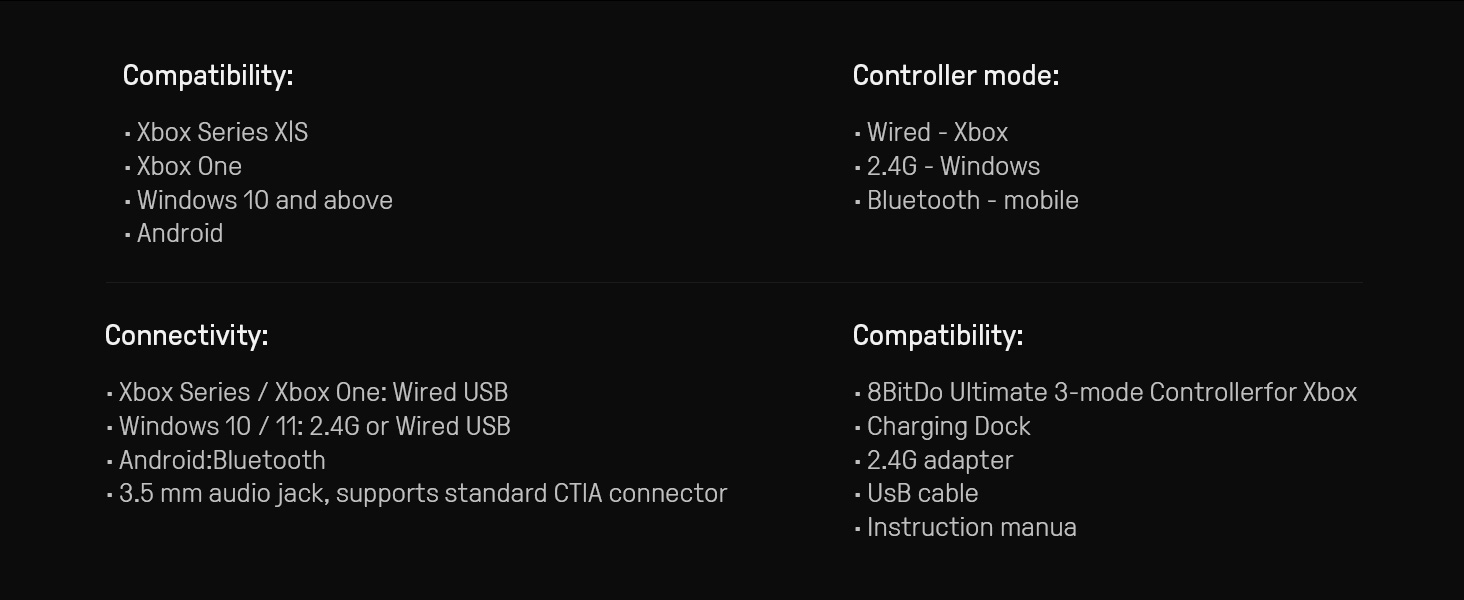 8BitDo Ultimate 3-mode 2.4G Belaidis Pultelis | Juoda aprašymas - Prekės nuotrauka 8BitDo Ultimate 3-mode 2.4G Belaidis Pultelis | Juoda aprašymas - Prekės nuotrauka