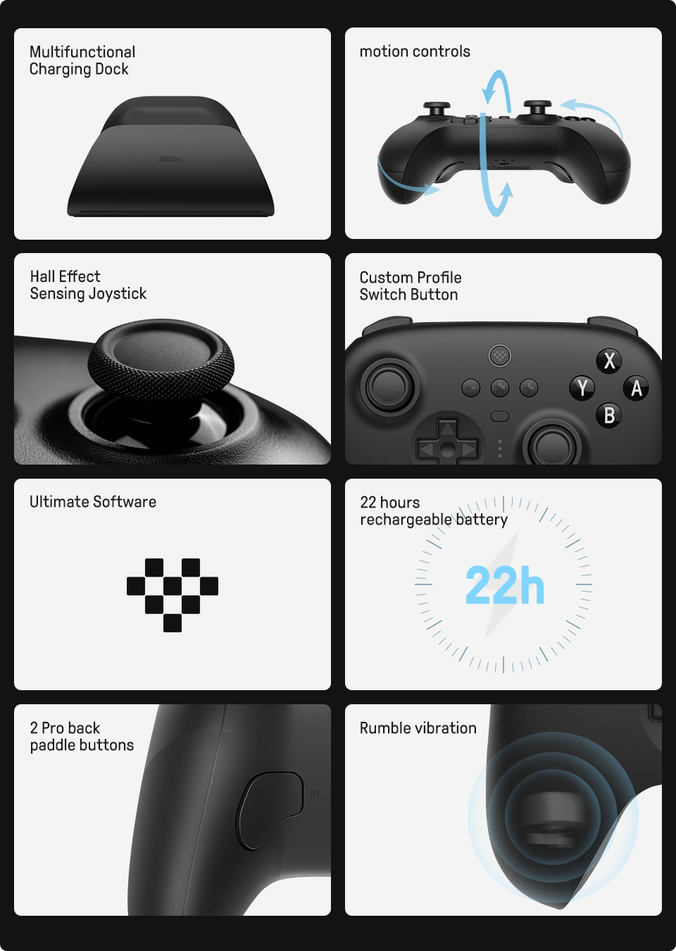8BitDo Ultimate belaidis pultelis su pakrovimo stotele (Baltas) aprašymas - Prekės nuotrauka