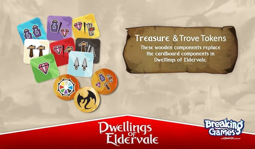 Breaking Games Dwellings of Eldervale - Wooden Upgrade Treasure and Trove Tokens aprašymas - Prekės nuotrauka