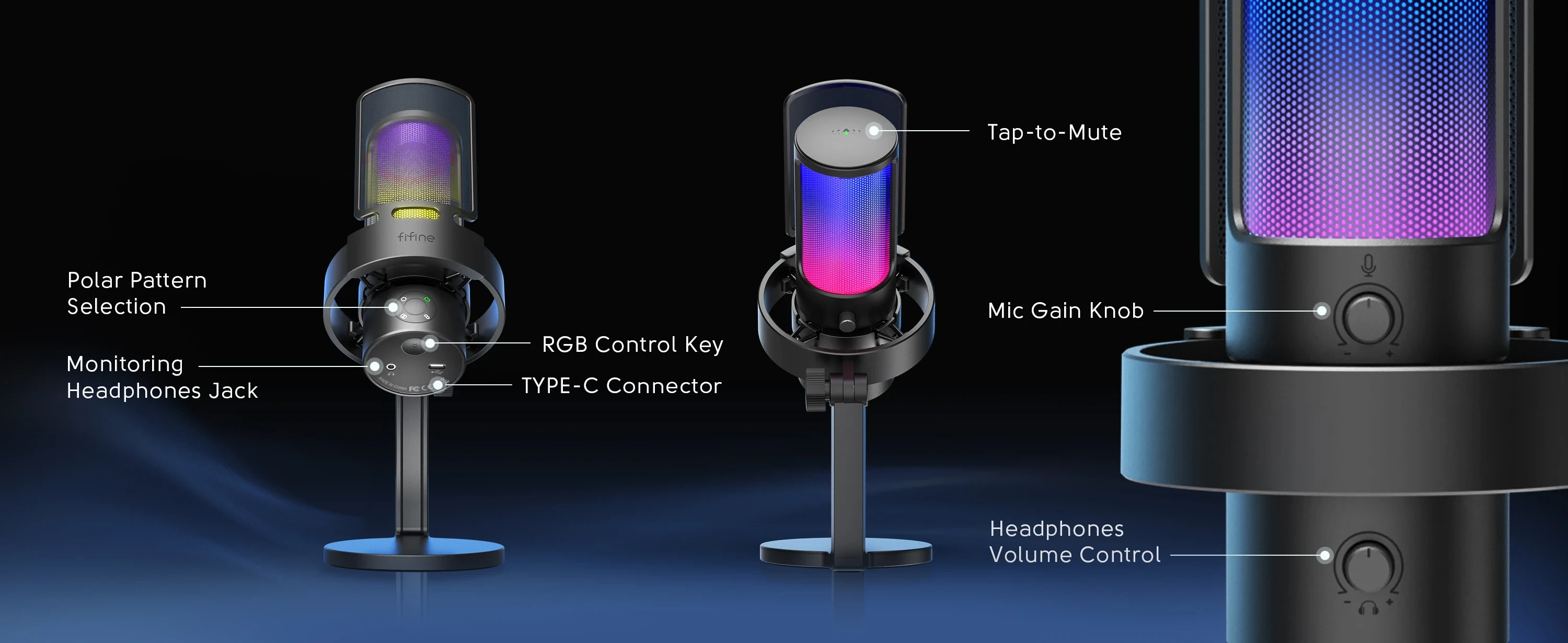 Fifine Technology FIFINE Ampligame A8Plus laidinis mikrofonas su RGB apšvietimu | USB aprašymas - Prekės nuotrauka