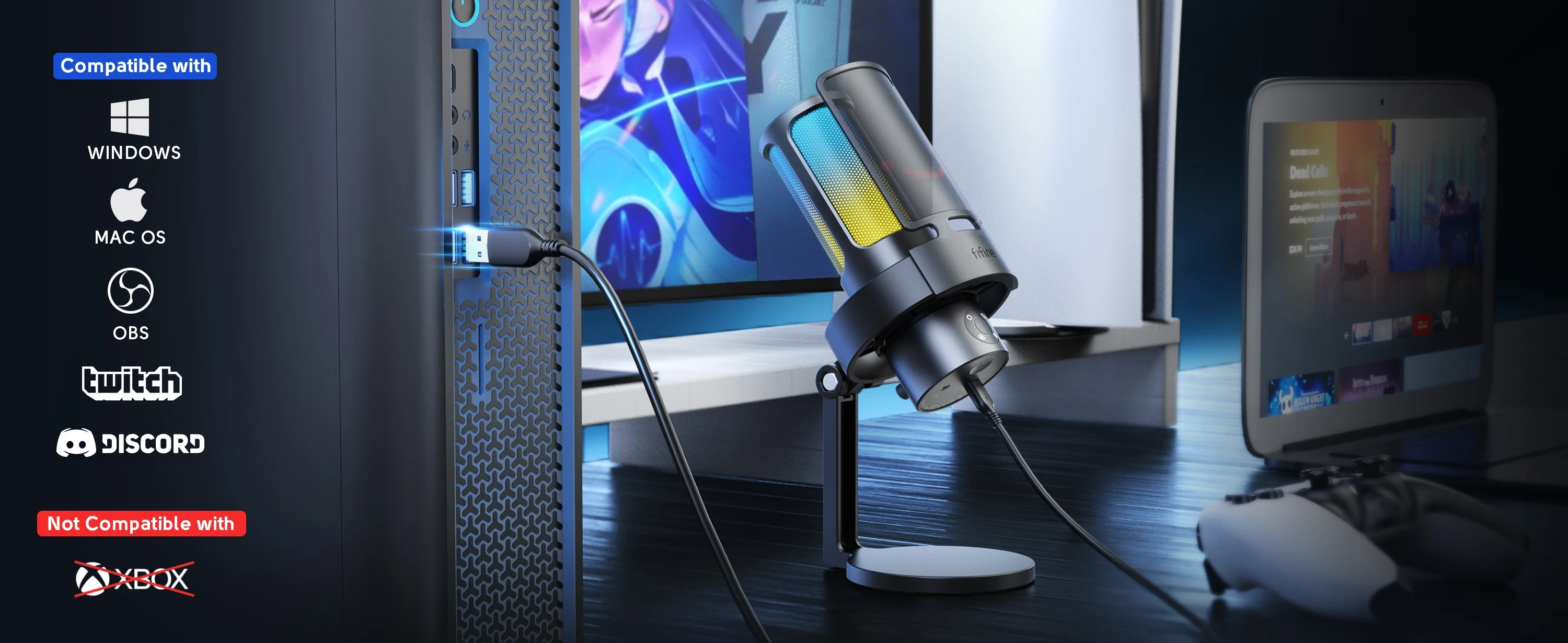 Fifine Technology FIFINE Ampligame A8Plus laidinis mikrofonas su RGB apšvietimu | USB aprašymas - Prekės nuotrauka