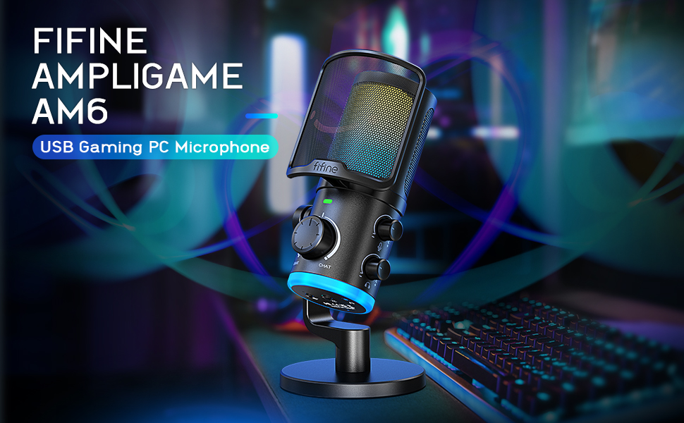 FIFINE AmpliGame AM6 laidinis mikrofonas su RGB apšvietimu USB aprašymas - Prekės nuotrauka