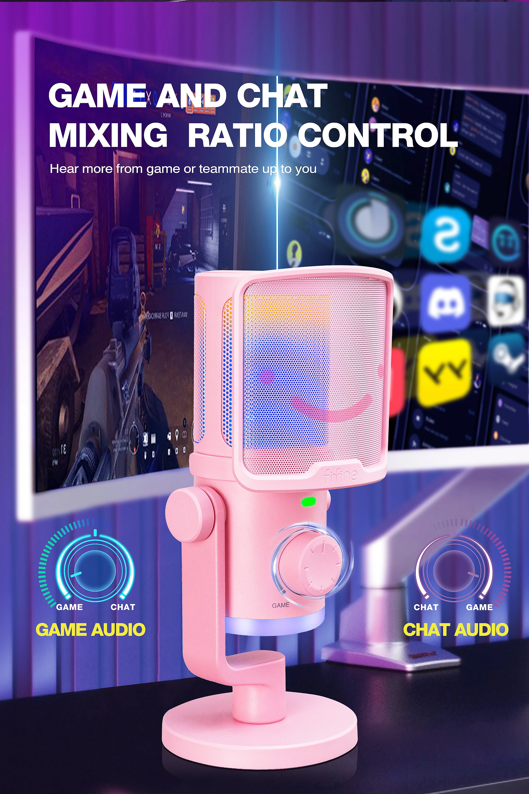 FIFINE AmpliGame AM6P laidinis mikrofonas su RGB apšvietimu | USB aprašymas - Prekės nuotrauka