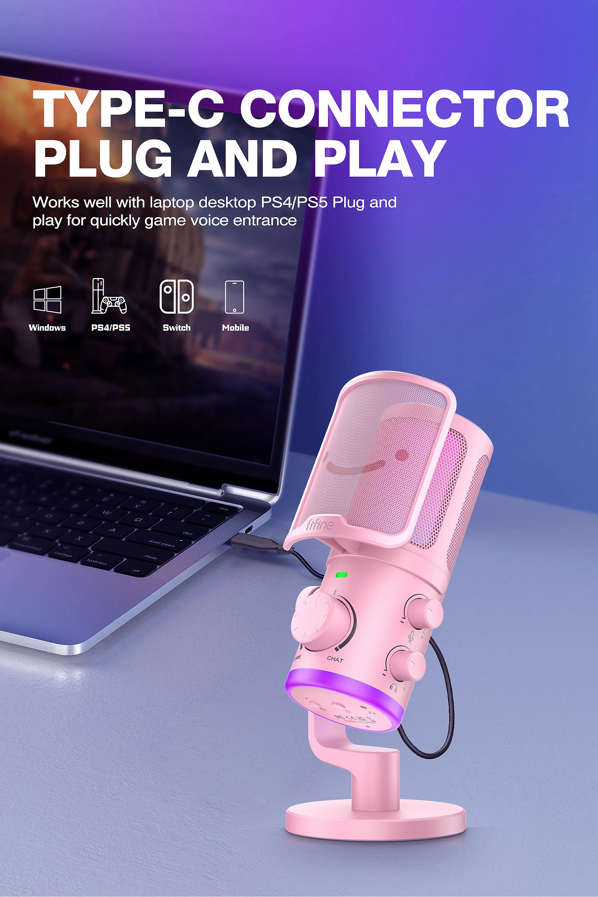 FIFINE AmpliGame AM6P laidinis mikrofonas su RGB apšvietimu | USB aprašymas - Prekės nuotrauka