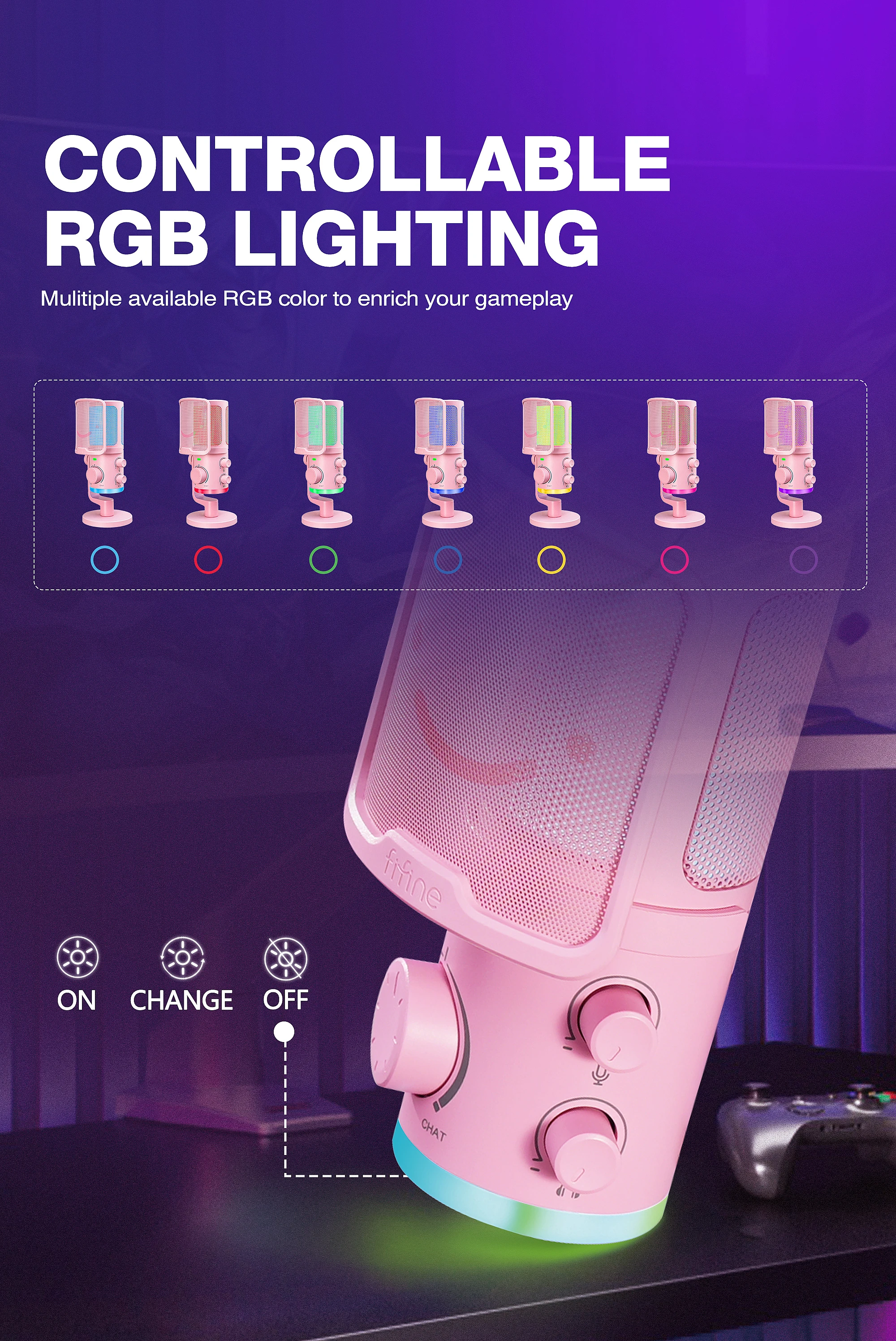 FIFINE AmpliGame AM6P laidinis mikrofonas su RGB apšvietimu | USB aprašymas - Prekės nuotrauka