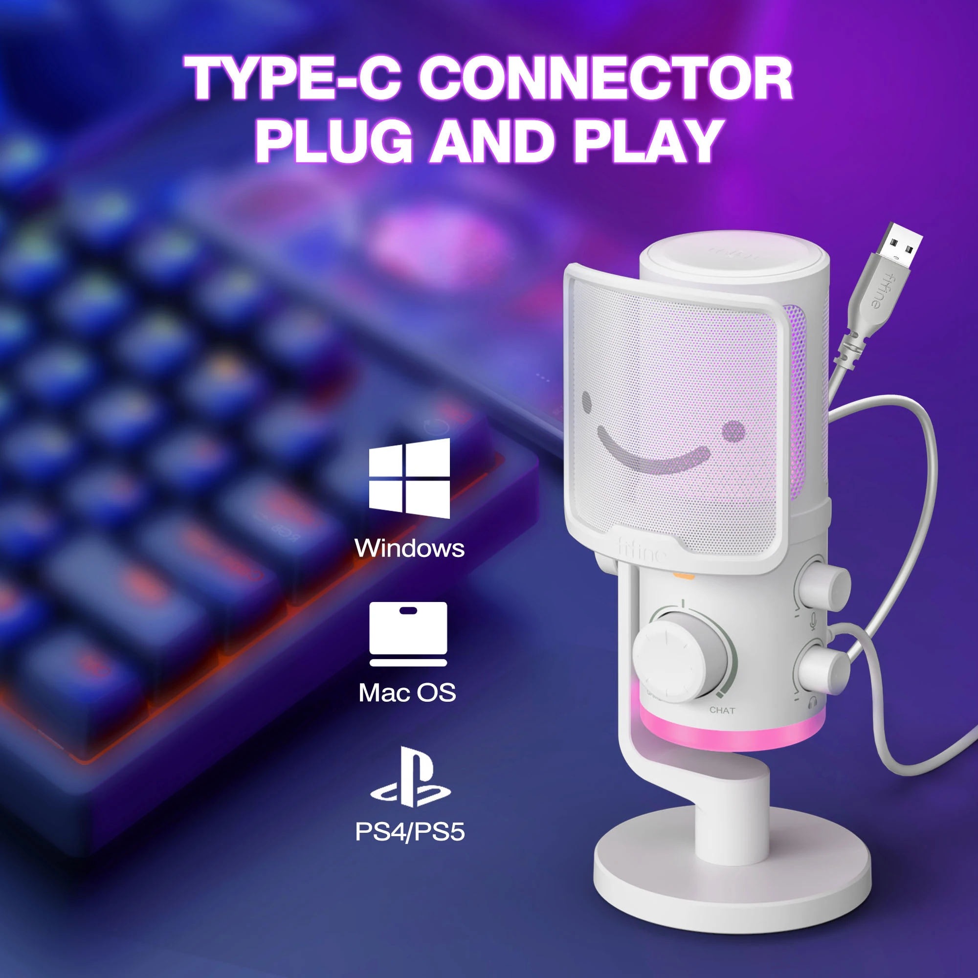 FIFINE AmpliGame AM6W laidinis mikrofonas su RGB apšvietimu | USB aprašymas - Prekės nuotrauka