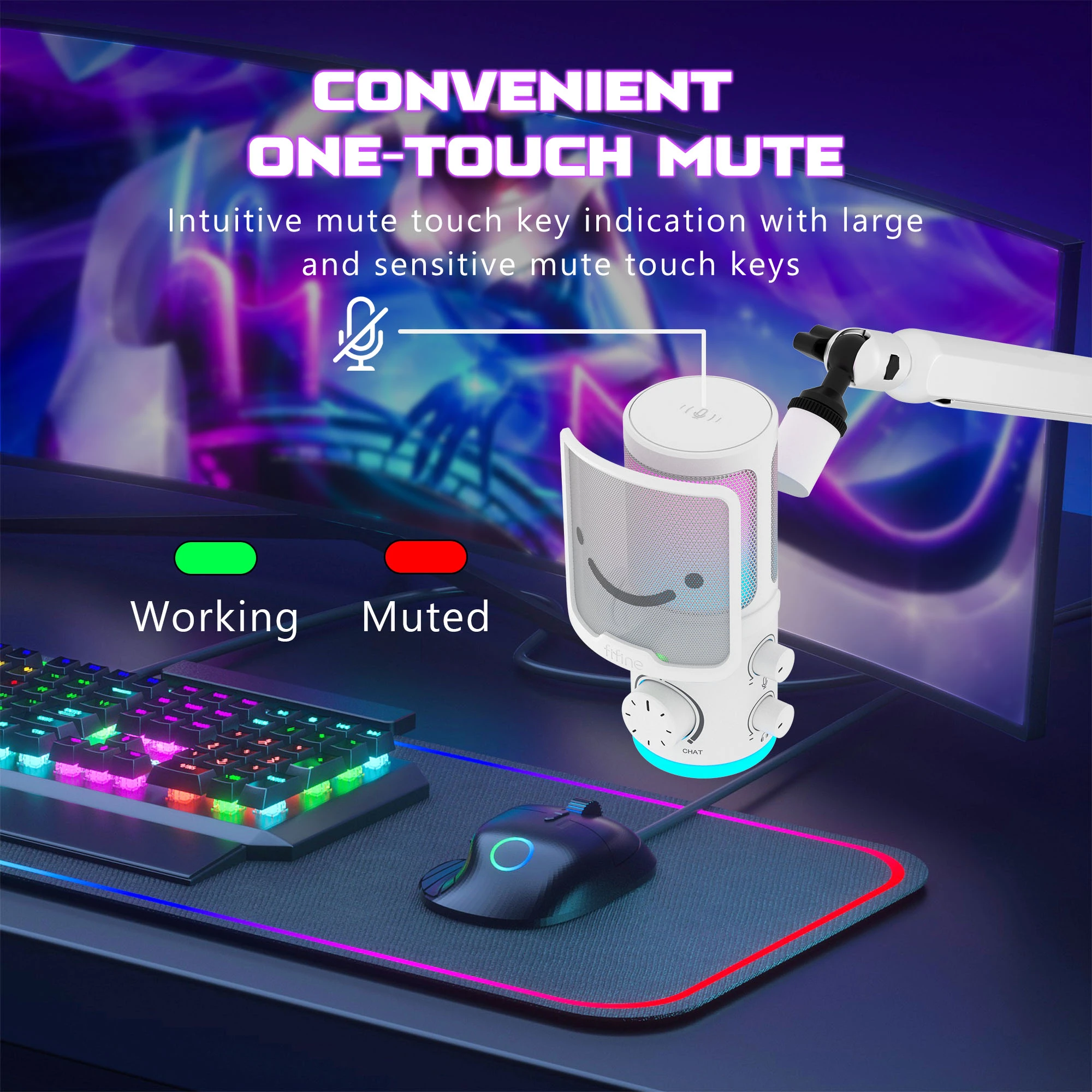 FIFINE AmpliGame AM6W laidinis mikrofonas su RGB apšvietimu | USB aprašymas - Prekės nuotrauka