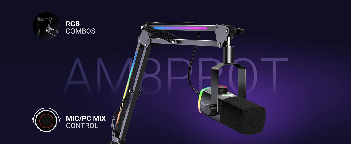 FIFINE AmpliGame AM8 PROT laidinis mikrofonas su stovu ir RGB apšvietimu USB/XLR aprašymas - Prekės nuotrauka