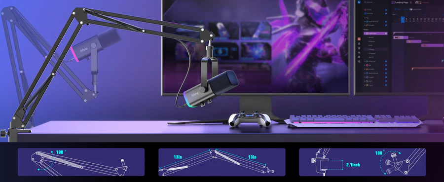 FIFINE AmpliGame AM8T Baltas laidinis mikrofonas su stovu ir RGB apšvietimu | USB/XLR aprašymas - Prekės nuotrauka
