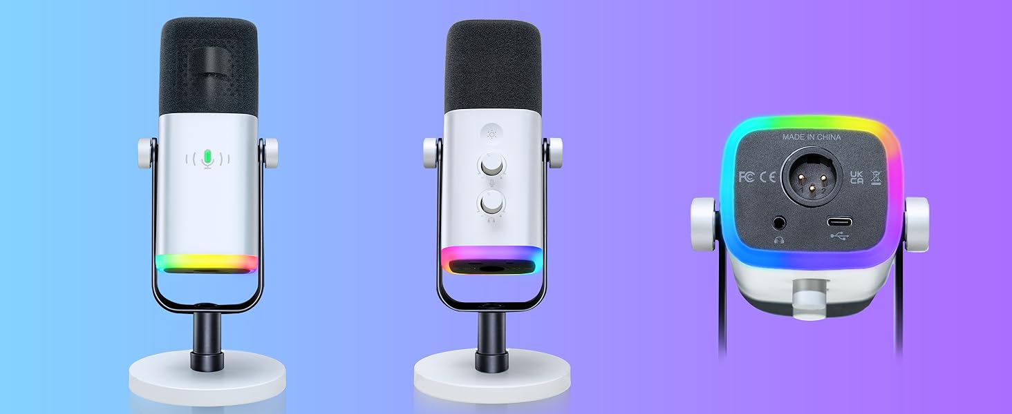 FIFINE AmpliGame AM8W laidinis mikrofonas su RGB apšvietimu USB/XLR aprašymas - Prekės nuotrauka