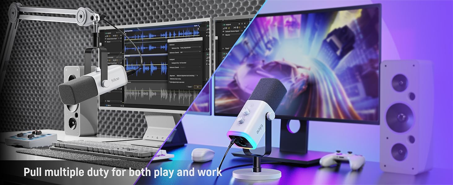 FIFINE AmpliGame AM8W laidinis mikrofonas su RGB apšvietimu USB/XLR aprašymas - Prekės nuotrauka