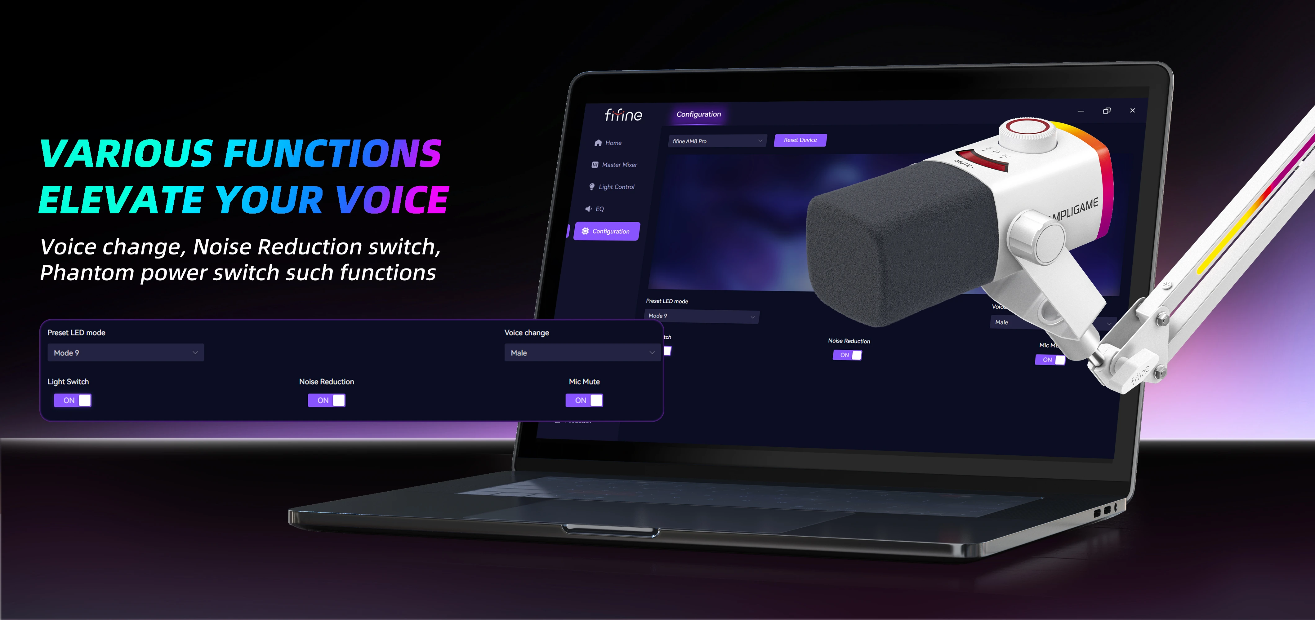 FIFINE AmpliGame AM8W PROT laidinis mikrofonas su stovu ir RGB apšvietimu USB/XLR aprašymas - Prekės nuotrauka