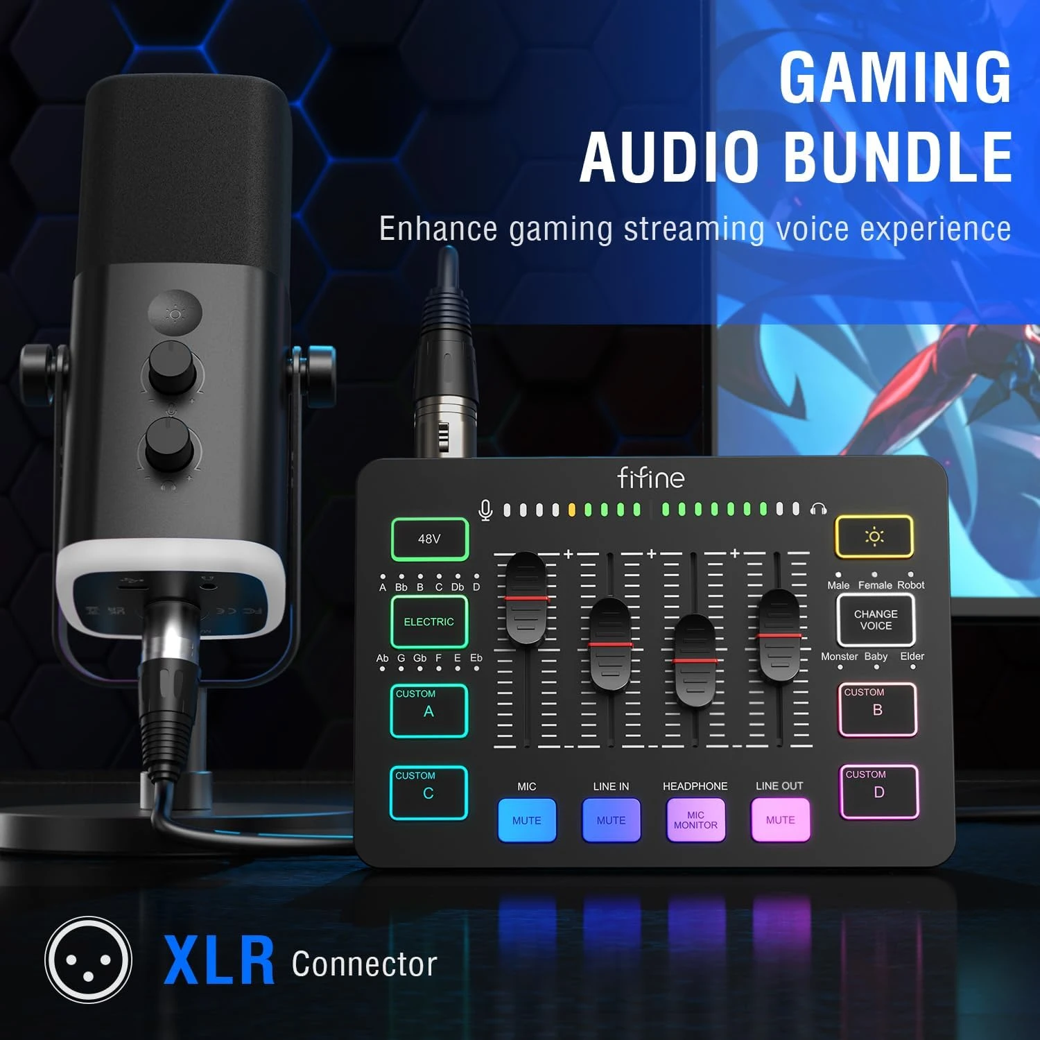 FIFINE AmpliGame KS5 Rinkinys | AM8 mikrofonas | SC3 žaidimų garso maišytuvas | L9 XLR kabelis aprašymas - Prekės nuotrauka